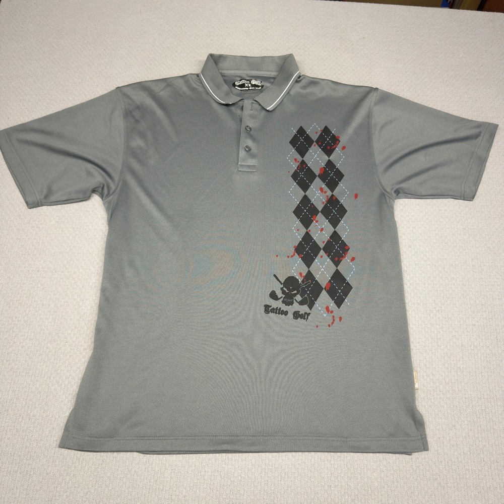 Tattoo Golf Polo Shirt Mens XL Gray Argyle Blood Splatter Skull Performance